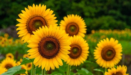 Vibrant Sunflowers in Full Bloom, Close-up View.