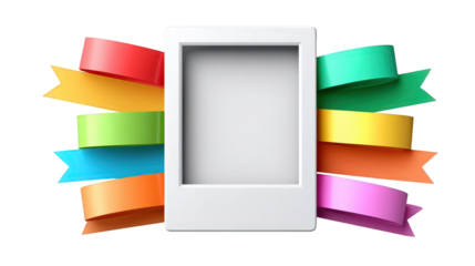 Bright colorful ribbons arranged around a blank white photo frame on a plain background suitable for decoration and celebration themes