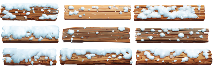 Collection of wooden planks with snow isolated on transparent background