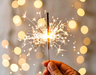 Hand holding sparkler with golden bokeh lights in background