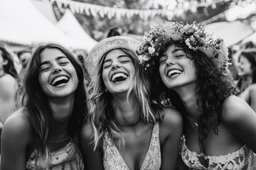 Obraz premium happy photo about girlfriends at a festival laughing girlfriends, many people in the background