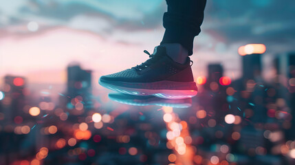 a pair of trendy sneakers floating in mid-air with dynamic lighting and a blurred city skyline in the background, bold and edgy, perfect for streetwear brand campaign, 16:9 format