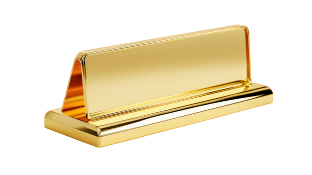 Elegant gold desk nameplate holder with reflective surface and sleek modern design, perfect for professional office, reception desk, or executive workspace decor
