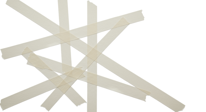 Flat lay of beige and light-grey masking tape strips forming a sharp abstract geometric grid on a transparent background, modern minimalist concept of strategic planning and organization