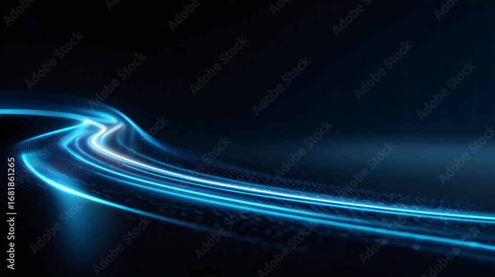 Poster abstract blue curved light trails on dark background representing data flow motion and speed. futuri