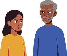Fototapeta premium Elderly man and young woman facing each other in casual clothes flat vector illustration 