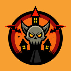Halloween ghost with bats and a house at night