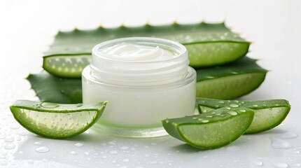 Glistening aloe vera gel in glass jar on freshly sliced leaves natural product showcase bright light setting organic beauty care concept