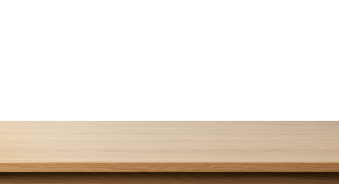 Empty, pristine, minimalist light brown wooden tabletop with natural grain on a transparent seamless background, shot with soft studio light, extensive depth of field, concept for product display.