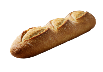 Perfectly baked artisanal French baguette, golden-brown crispy crust, airy interior, flour crumbs, on rustic wooden board with linen, soft natural light, bokeh, concept of fresh bakery pleasure