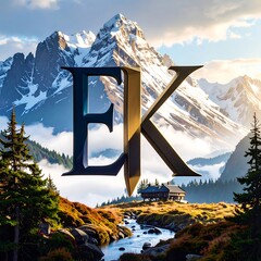 Dramatic mountain landscape showcasing a large, stylized gold and black letter "EK" sign, set against a backdrop of snow-capped peaks and a tranquil alpine stream.