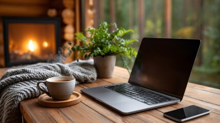 Cozy home office setup with laptop, coffee, and fireplace in rustic cabin