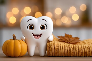 Cute cartoon tooth character with pumpkin and fall decor for dental clinics and seasonal marketing materials. Happy cartoon tooth character next to a pumpkin and a knitted sweater, cozy autumn vibe