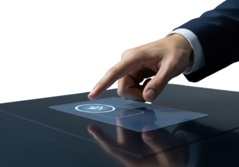 A clean, well-groomed human hand with neutral sleeve cuff interacting with a minimalist digital button on a screen, shot close-up with soft studio light and cool tones, concept of modern digital