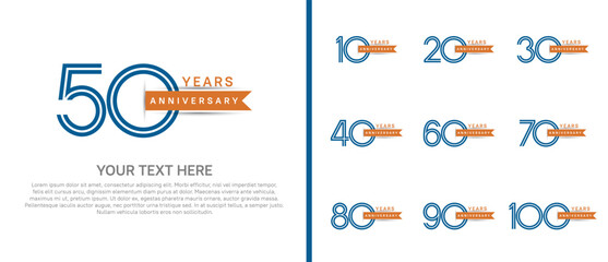 logo anniversary set. blue color with orange ribbon on white background for special event