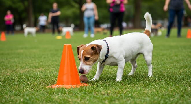 Jack Russell Terrier Sniffing Training Cone on Grass.