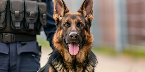 German shepherd guarding with security guard in the background
