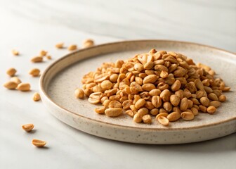Crushing roasted peanuts on a ceramic plate kitchen table food photography natural light close-up shot culinary inspiration