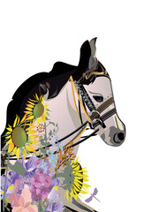 Animal card with a horse decorated with summer flowers and patterns. Hand drawn vector illustration.