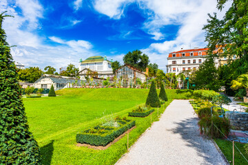 Naklejka premium Botanical Garden in Zagreb, Croatia, Historical archive building (old national library) in the background.