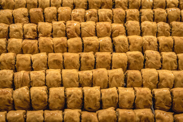 Plate with type of Arabic sweets Baklava in sweet shop in Lebanon