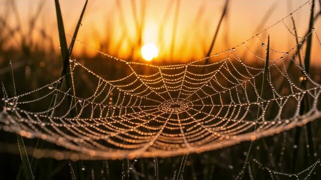 Stunning spiderweb glistens with morning dew as sun rises over dewy grass in golden hour