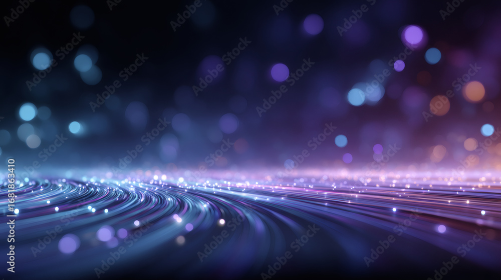 Poster glowing fiber optic data lines move across dark background with bokeh lights. digital information tr