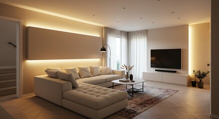 Modern Living Room with Sectional Sofa and Ambient Lighting.