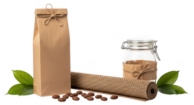A brown paper bag, a glass jar, and burlap fabric are arranged with almonds and green leaves on a transparent background