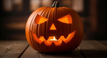Spooky Halloween Jack O Lantern Glowing on Wooden Table.