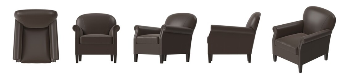 A stylish brown leather armchair showcasing multiple angles