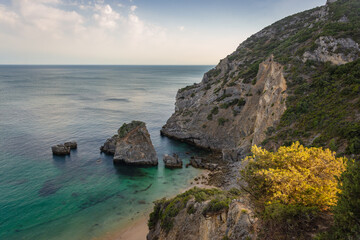 Aerial view of Ribeira do Cavalo beach in Arrabida Natural Park near Sesimbra, Portugal