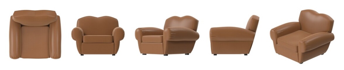 Different angles showcase a modern brown armchair, highlighting its design and structure. The leather-like material of the armchair is inviting, set against a neutral backdrop. 