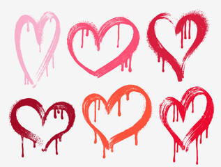 Graffiti style spray paint vector heart collection. Red, pink icons with drips, splashes and rough textures. Urban street art stickers for edgy romantic design and underground Valentine’s themes.