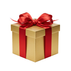 Fototapeta premium A luxurious golden gift box with a deep red satin bow, perfectly tied and centered on a transparent studio background with soft lighting, high-angle medium shot, premium celebration concept