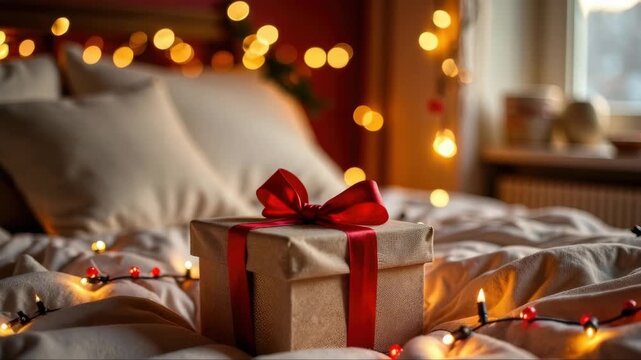 Wrapped Christmas presents on cozy bed next to Christmas tree with beautiful blurred lights on the background. Holiday Eve surprise. Gifts for family and friends during the winter holiday season.