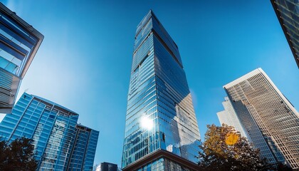 towering above the city a magnificent skyscraper reflects sunlight off its glass facade surrounding buildings frame this awe inspiring structure against a brilliant blue sky