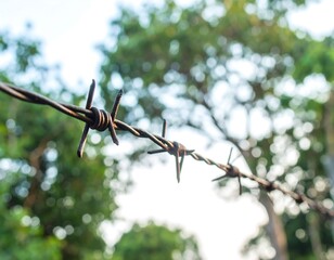 Obraz premium Rusty barbed wire fence against blurred green trees