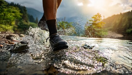 close up shot of the hikers feet in black socks with splashy water