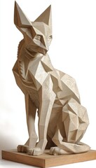 A light beige, geometrically sculpted cat statue, seated in a contemplative pose, exhibits an abstract, modern aesthetic.