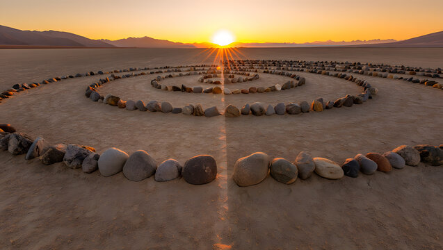 A stone labyrinth in the desert at sunrise creates a sense of mystery and wonder
