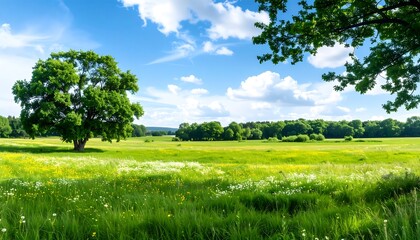 Fototapeta premium Lush meadow under a vibrant sky
