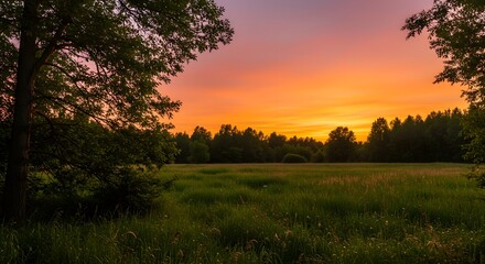 Fototapeta premium A stunning sunset casts a warm glow over a serene meadow. The landscape is framed by silhouettes of trees, creating a peaceful atmosphere.