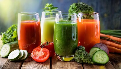 a vibrant display of colorful fresh vegetable juices in glasses alongside sliced vegetables on a wooden surface