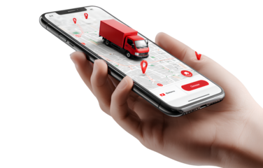 a smartphone with location pins on the map and an illustration of a truck in red color is placed at one pin. a hand holding a mobile phone showing an interface design, with a transparent background
