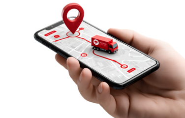 a smartphone with location pins on the map and an illustration of a truck in red color is placed at one pin. a hand holding a mobile phone showing an interface design, with a transparent