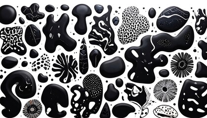 Abstract black and white design, with organic shapes and patterns, arranged on a white background, creating a modern and visually captivating composition.