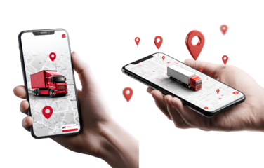transparent 2 smartphone with location pins on the map and an illustration of a truck in red color is placed at one pin. a hand holding a mobile phone showing an interface design, with a background