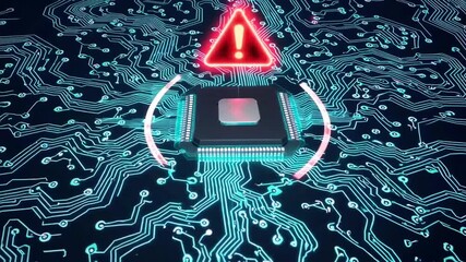 Digital concept depicting glowing warning symbol with exclamation mark on central processing unit atop circuit board with light trails - Powered by Adobe