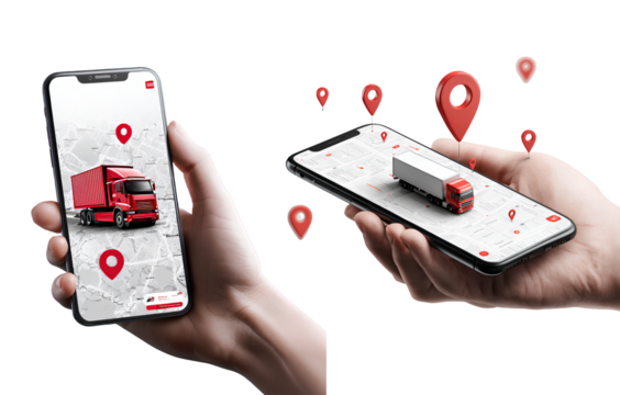 transparent 2 smartphone with location pins on the map and an illustration of a truck in red color is placed at one pin. a hand holding a mobile phone showing an interface design, with a background